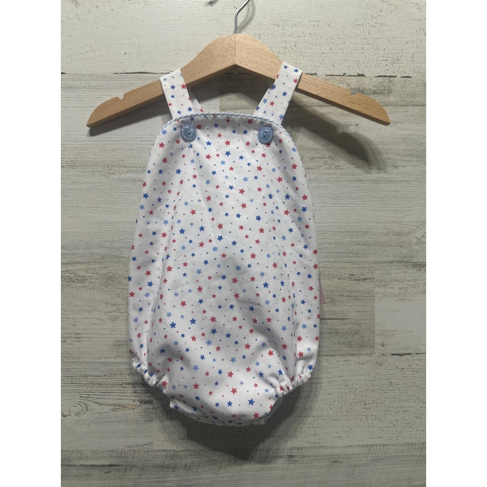 James & Lottie Sunsuit Romper Kids 3M White Red Blue Patriotic Star Print NWT